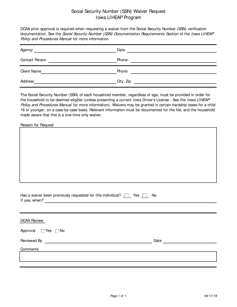 Social Security Number (Ssn) Waiver Request Iowa Liheap Program - Iowa, Page 1