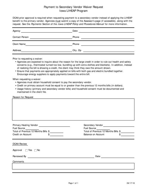 Payment to Secondary Vendor Waiver Request Iowa Liheap Program - Iowa Download Pdf