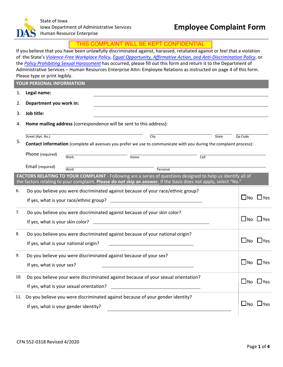 Form CFN552-0318 Employee Complaint Form - Iowa, Page 1
