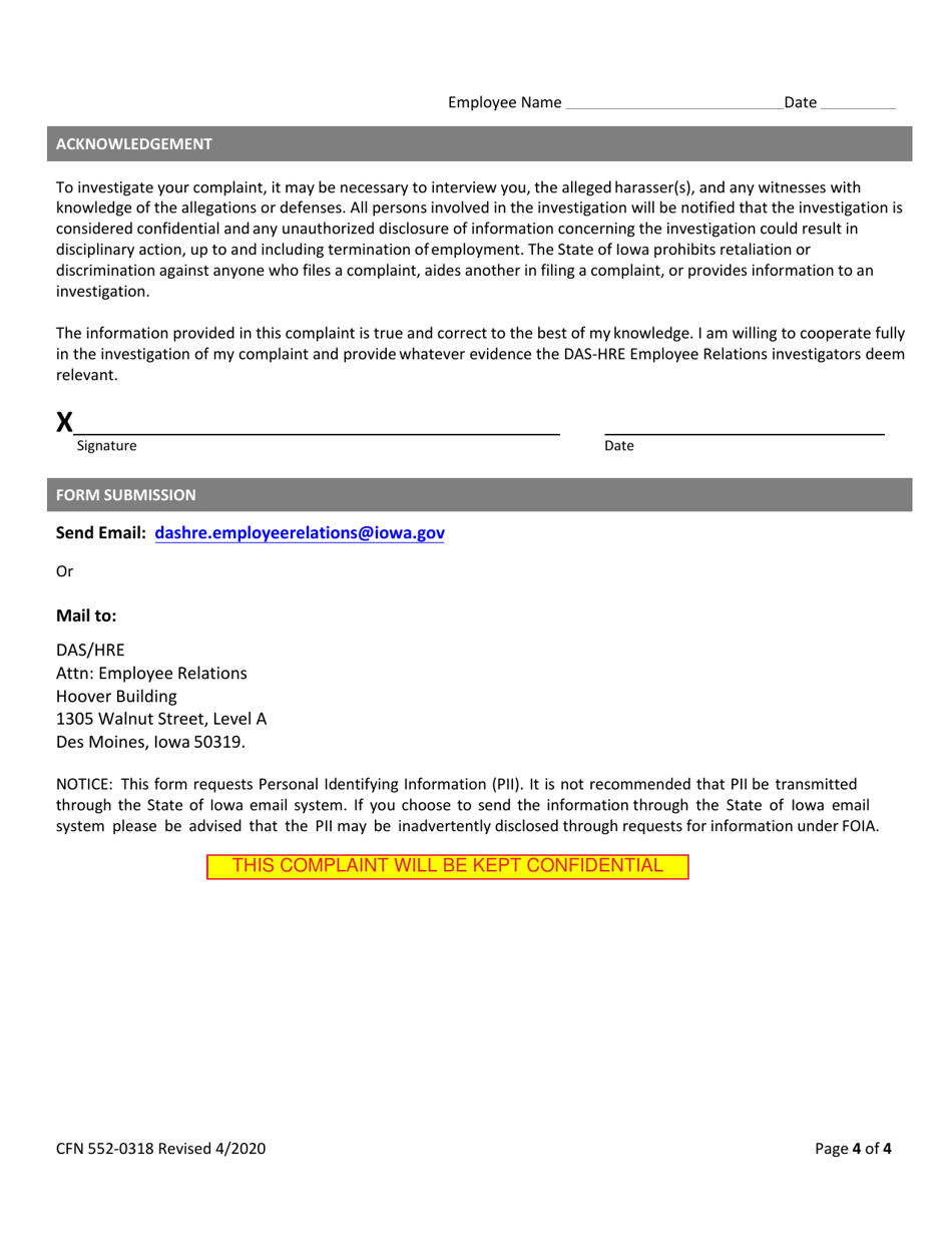 Form CFN552-0318 Employee Complaint Form - Iowa, Page 4