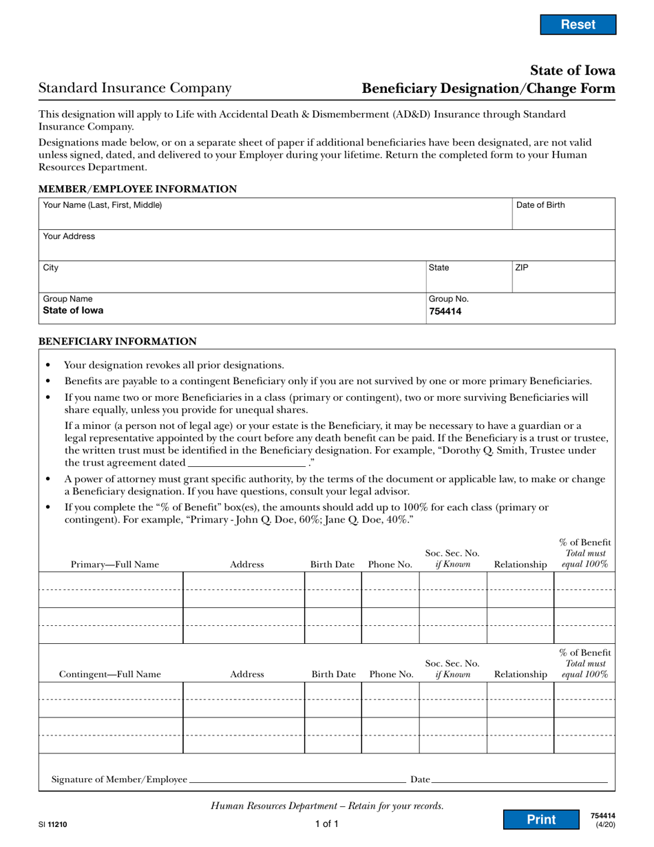 Form SI11210 State of Iowa Beneficiary Designation / Change Form - Standard Insurance Company - Iowa, Page 1