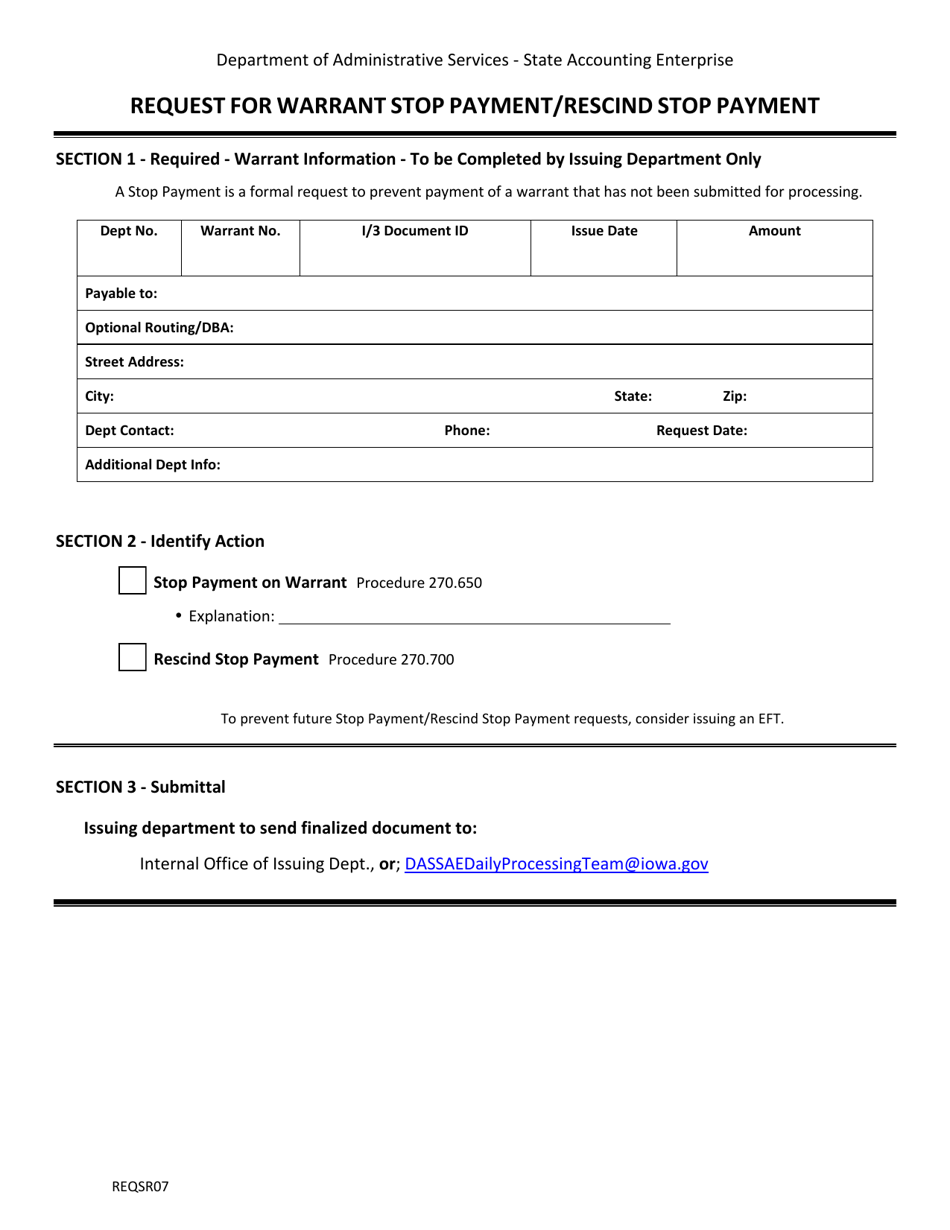 Form REQSR07 Request for Warrant Stop Payment / Rescind Stop Payment - Iowa, Page 1