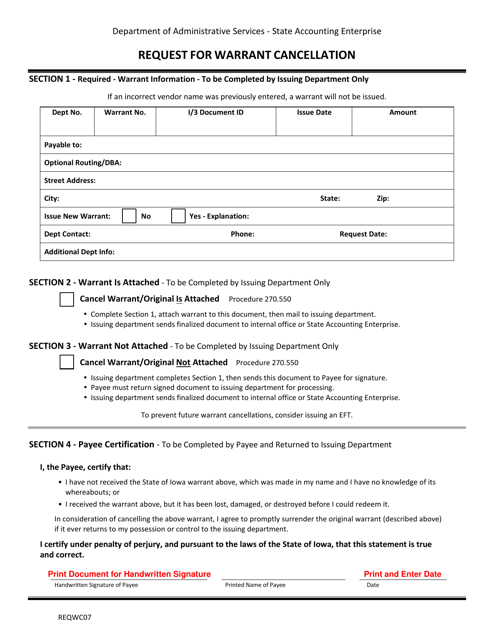 Form REQWC07 Request for Warrant Cancellation - Iowa