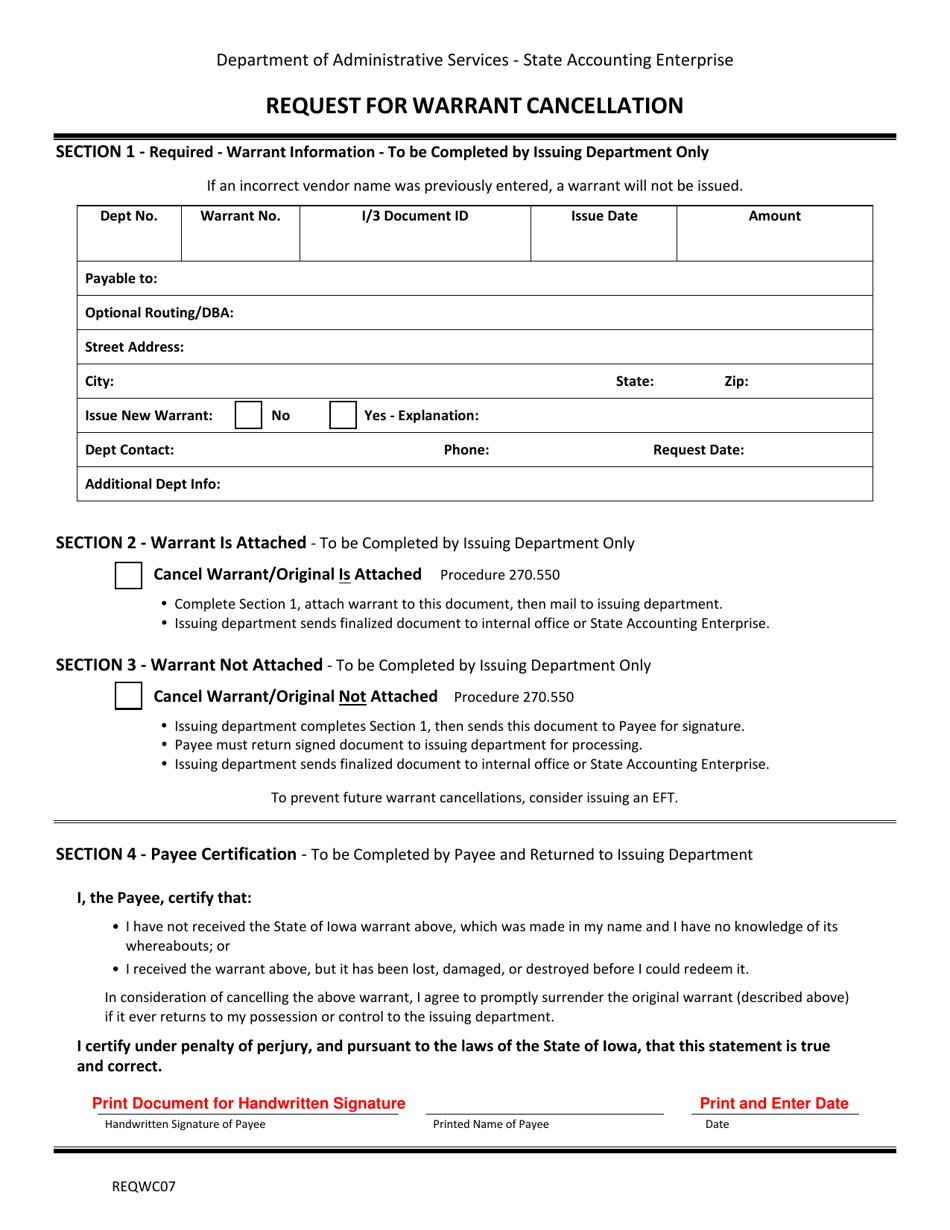 Form REQWC07 Request for Warrant Cancellation - Iowa, Page 1