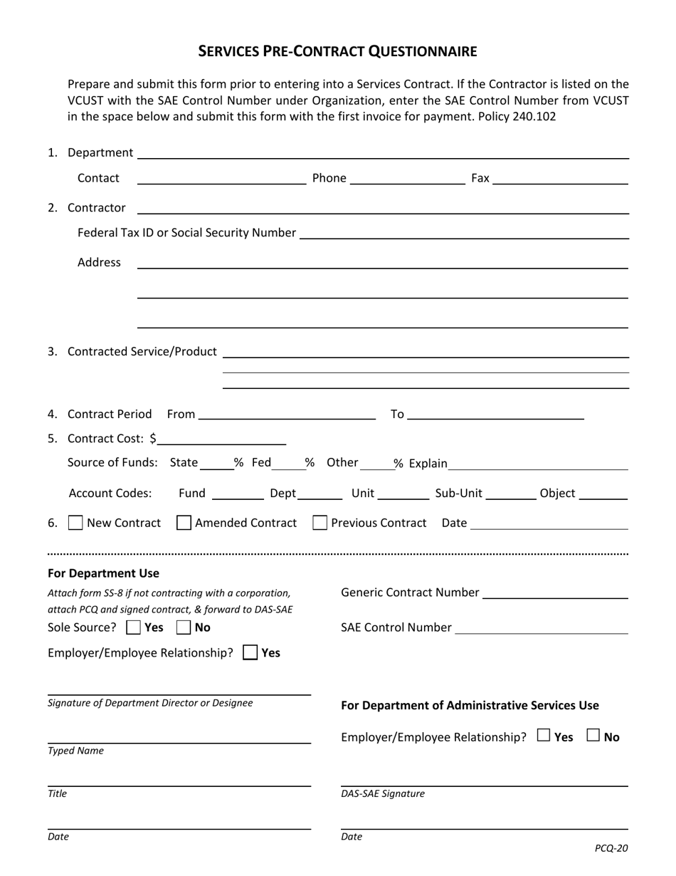 Form PCQ-20 Services Pre-contract Questionnaire - Iowa, Page 1