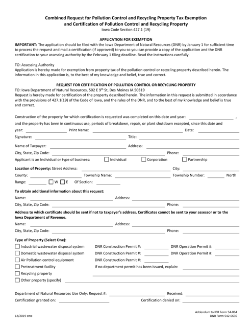 DNR Form 542-0639 Combined Request for Pollution Control and Recycling Property Tax Exemption and Certification of Pollution Control and Recycling Property - Iowa