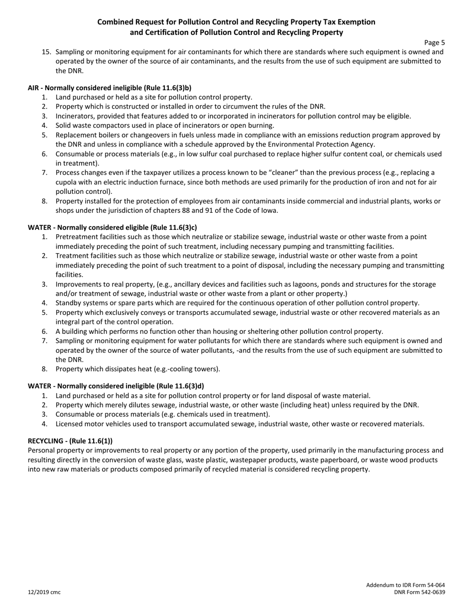 DNR Form 542-0639 Combined Request for Pollution Control and Recycling Property Tax Exemption and Certification of Pollution Control and Recycling Property - Iowa, Page 5
