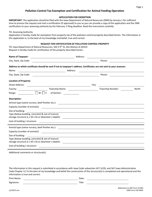 DNR Form 542-0640 Pollution Control Tax Exemption and Certification for Animal Feeding Operation - Iowa