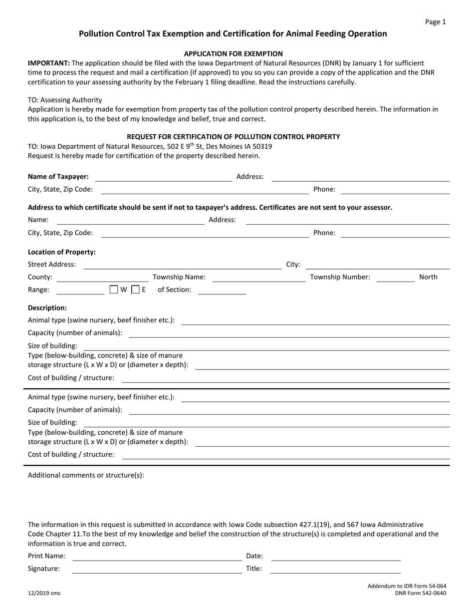 DNR Form 542-0640 Pollution Control Tax Exemption and Certification for Animal Feeding Operation - Iowa, Page 1