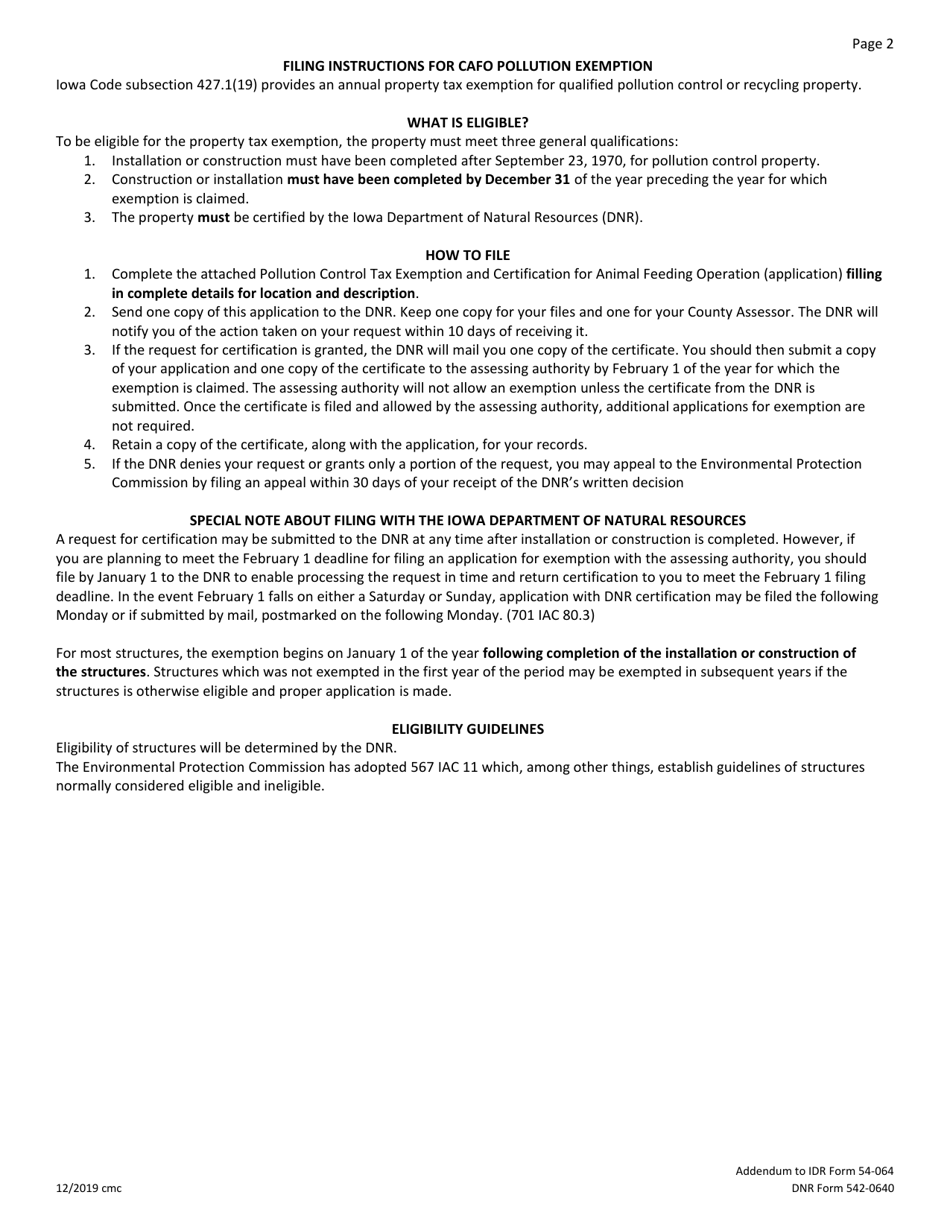 DNR Form 542-0640 Pollution Control Tax Exemption and Certification for Animal Feeding Operation - Iowa, Page 2