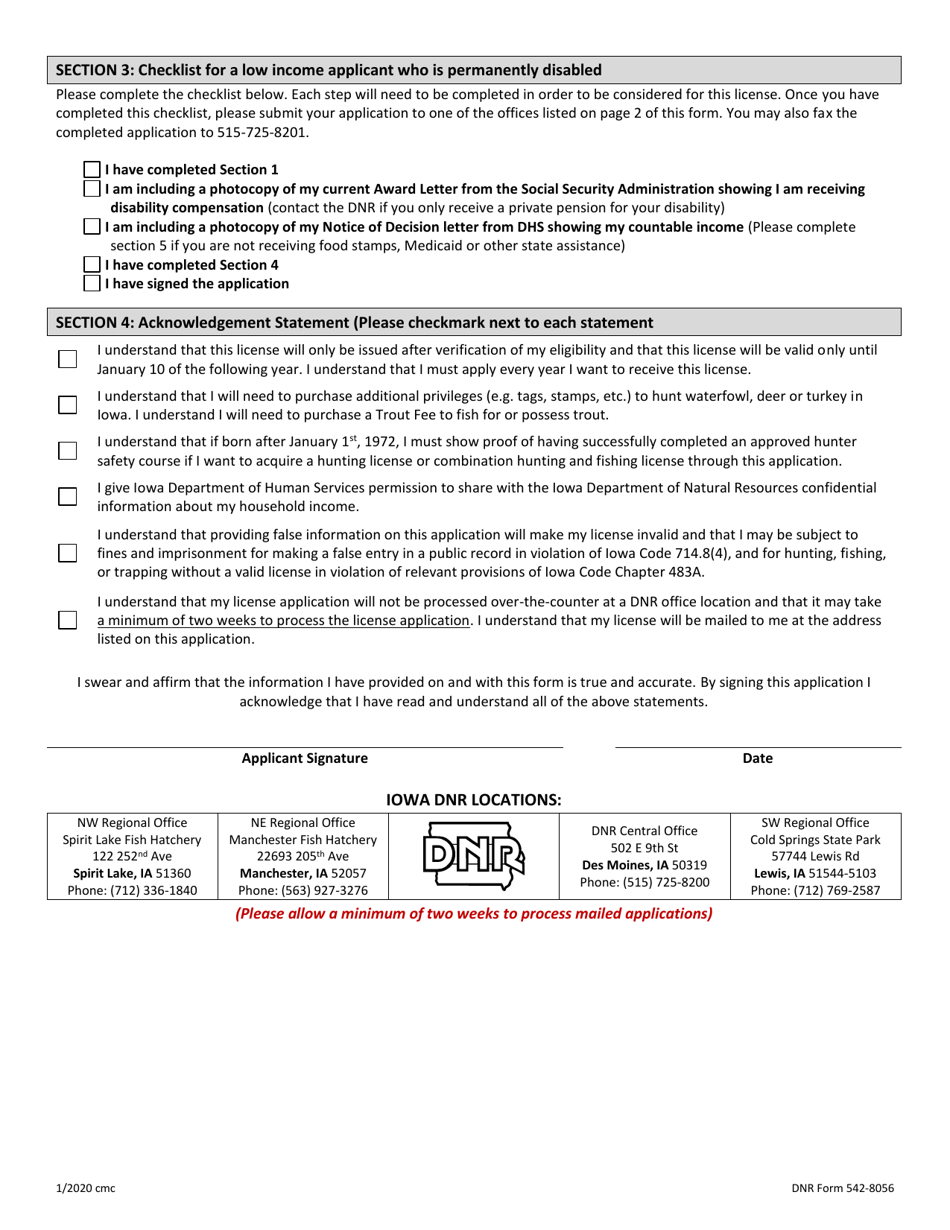 DNR Form 542-8056 Free Annual Resident Hunting and Fishing License Application - Iowa, Page 2