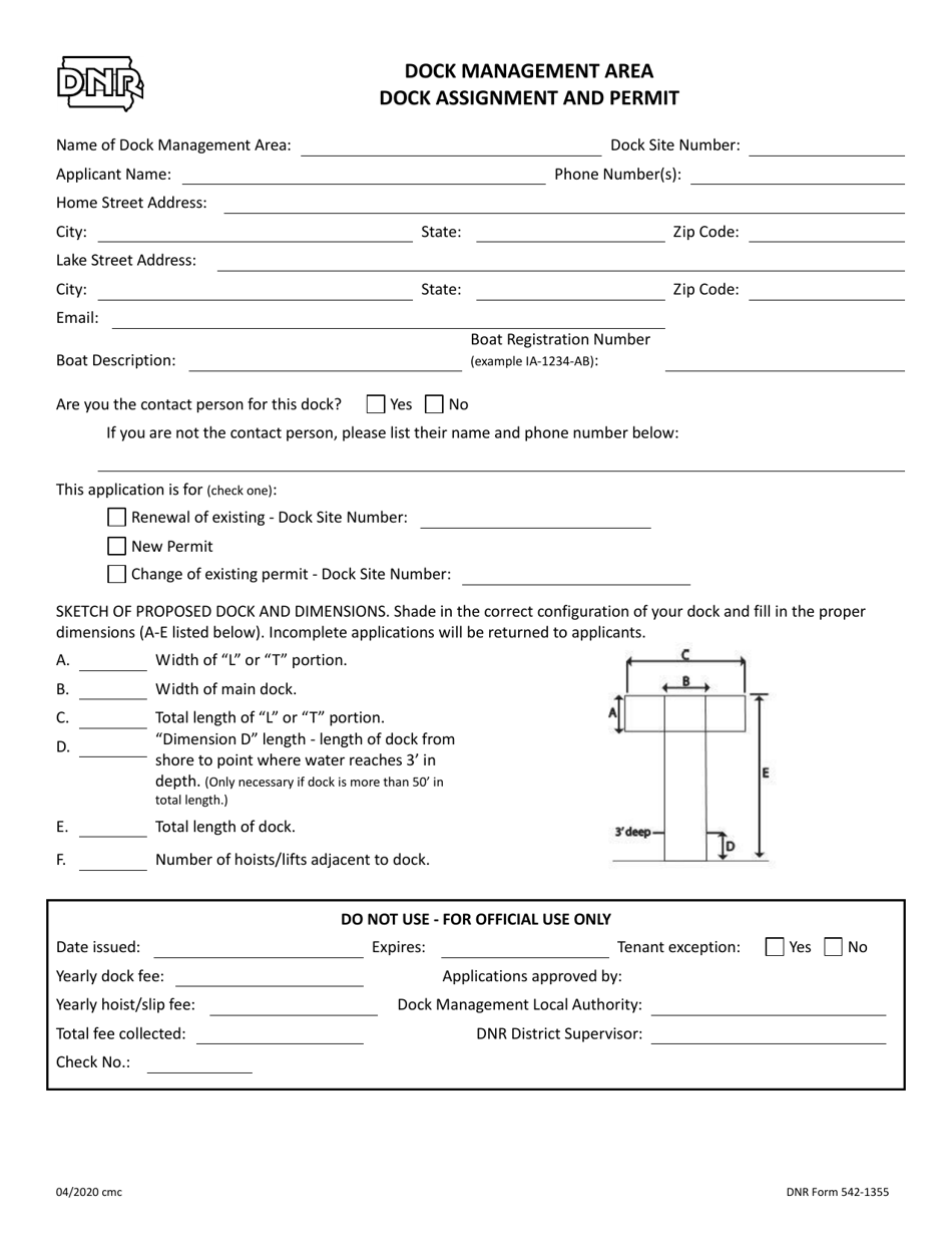 DNR Form 542-1355 Dock Management Area Dock Assignment and Permit - Iowa, Page 1