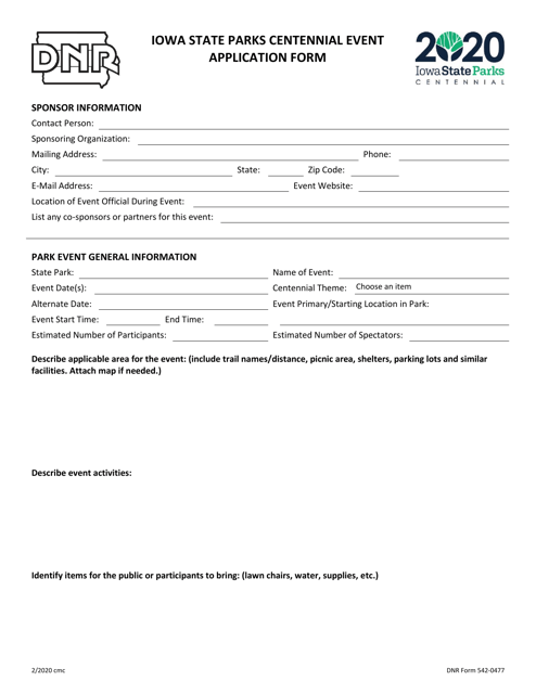 DNR Form 542-0477 Iowa State Parks Centennial Event Application Form - Iowa, 2020