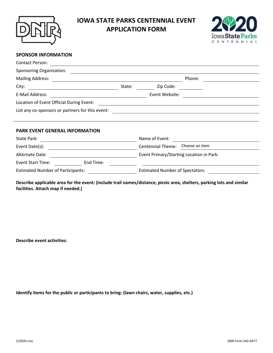 DNR Form 542-0477 Iowa State Parks Centennial Event Application Form - Iowa, Page 1