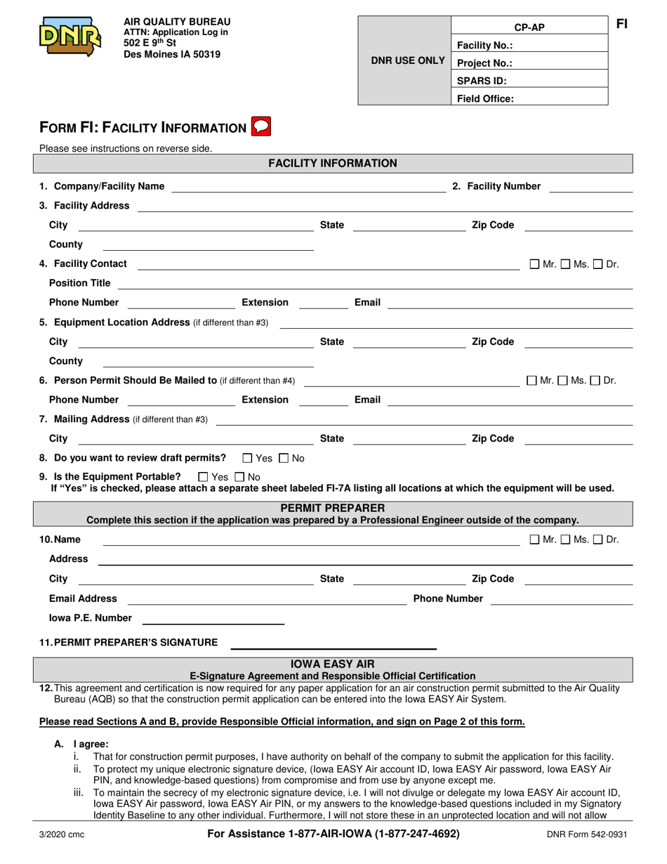 Form FI (DNR Form 542-0931) Facility Information - Iowa, Page 1