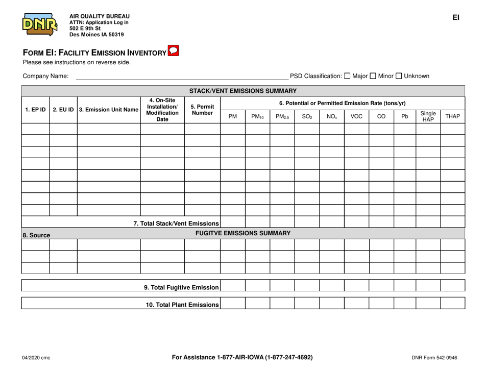Form EI (DNR Form 542-0946) Facility Emission Inventory - Iowa, Page 1