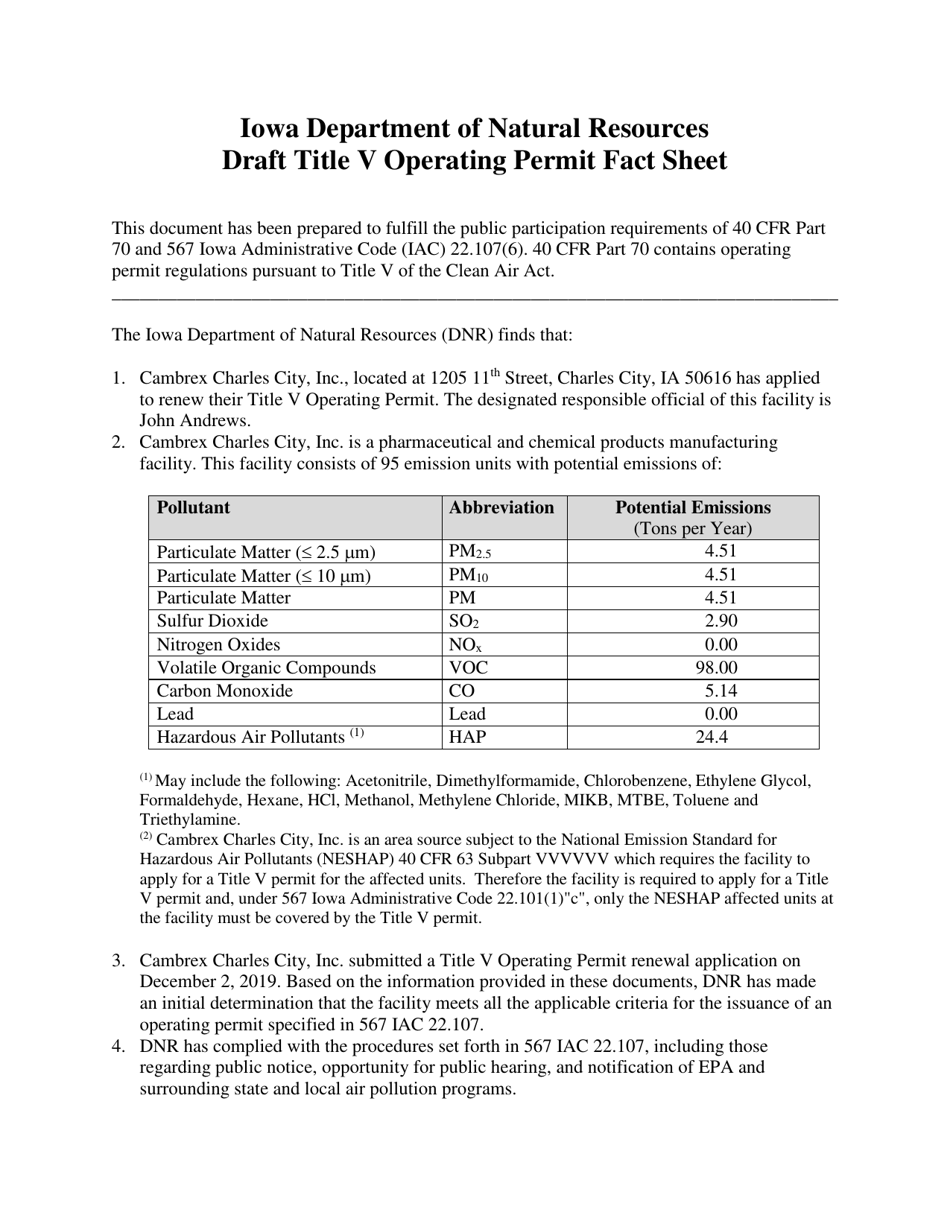 Draft Title V Operating Permit Fact Sheet - Iowa, Page 1
