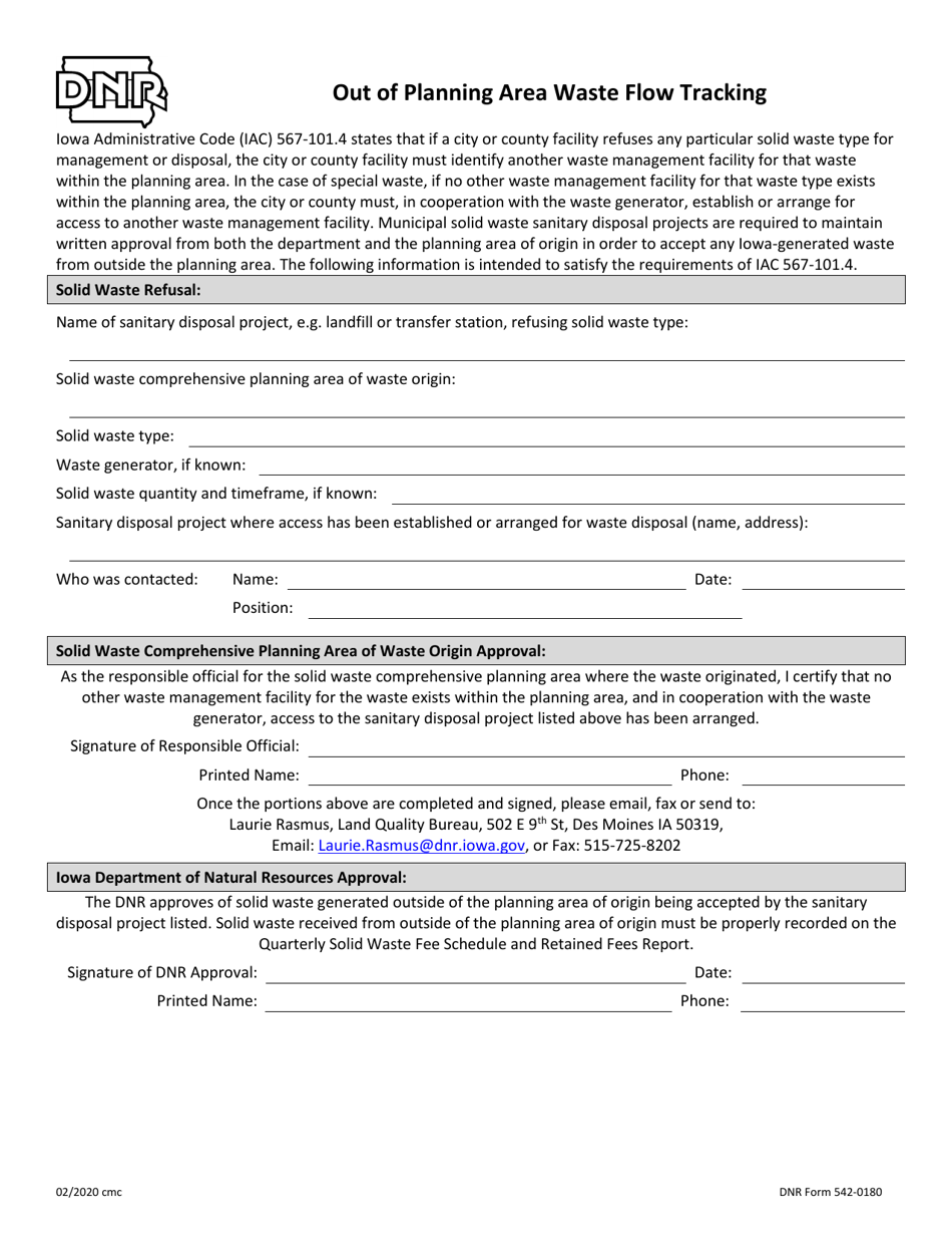DNR Form 542-0180 Out of Planning Area Waste Flow Tracking - Iowa, Page 1
