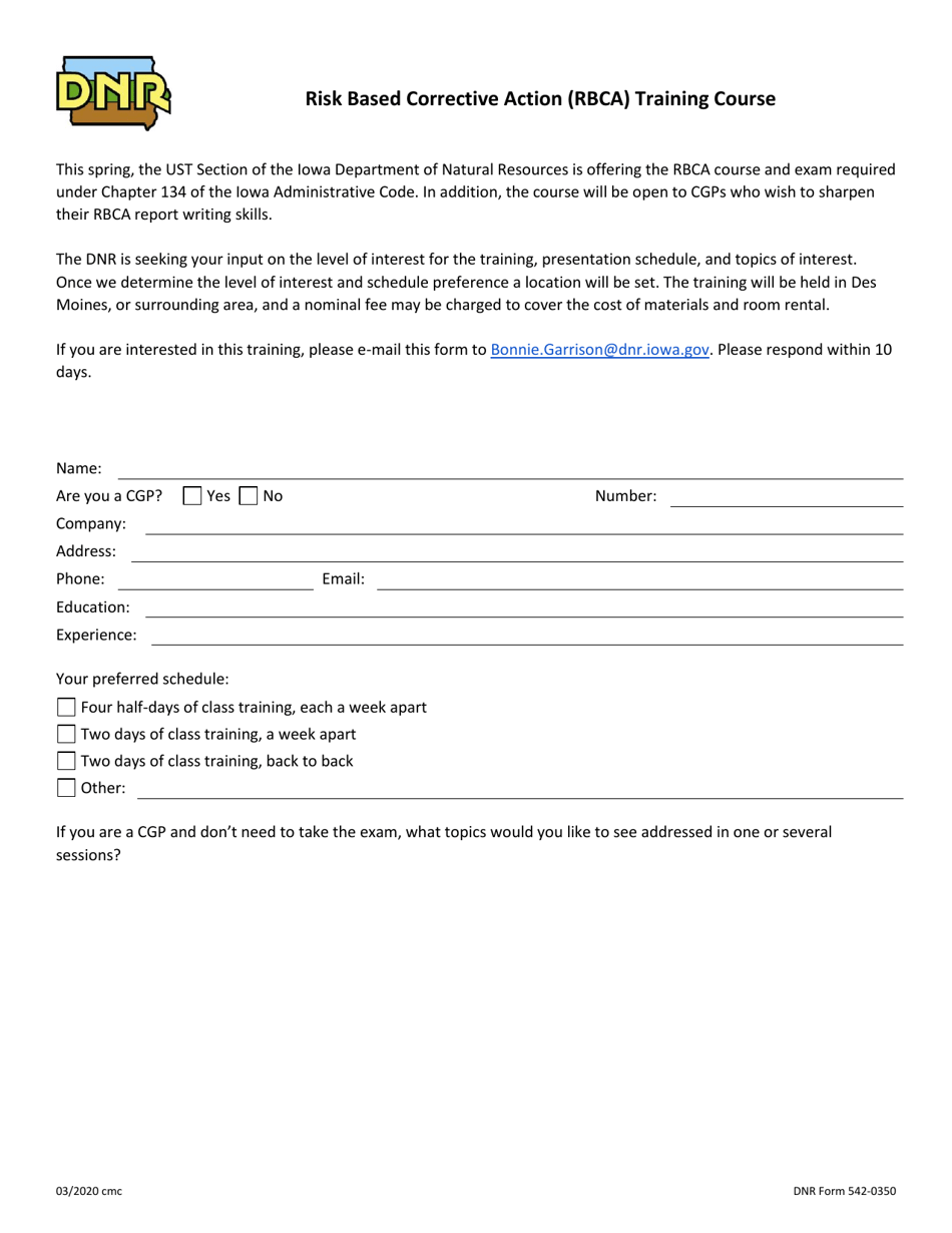 DNR Form 542-0350 Risk Based Corrective Action (Rbca) Training Course - Iowa, Page 1