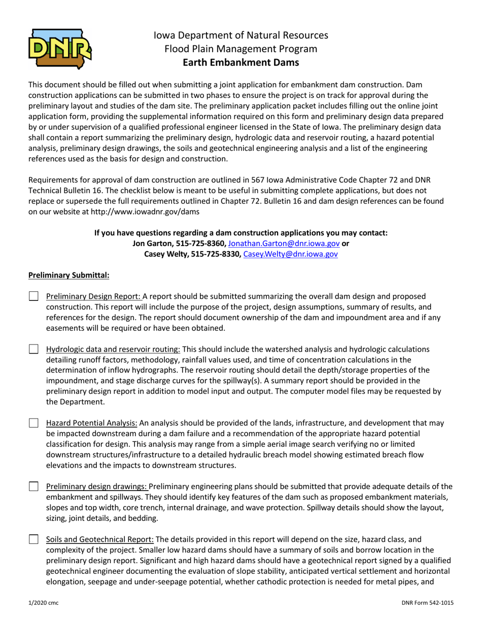 DNR Form 542-1015 Earth Embankment Dams - Iowa, Page 1