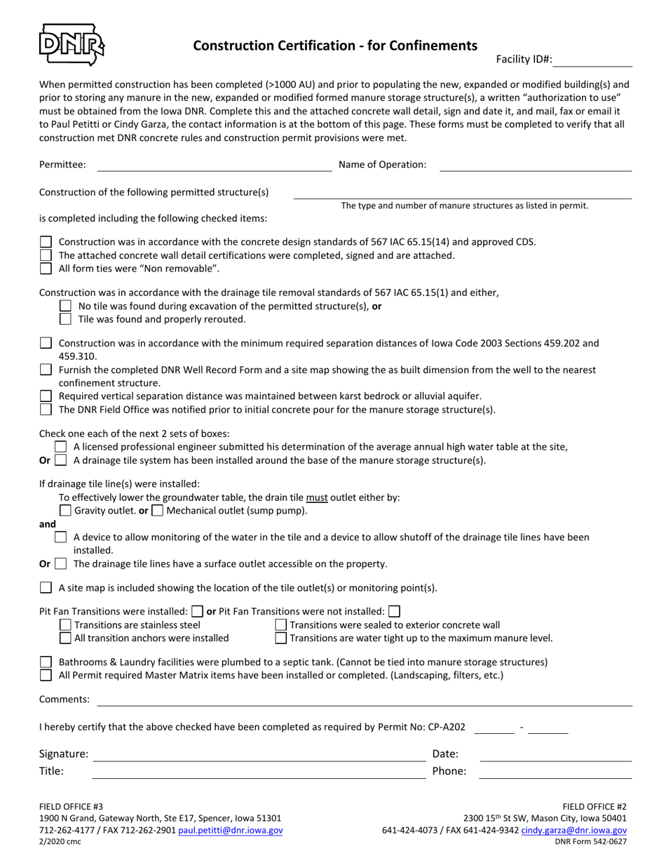 DNR Form 542-0627 Construction Certification - for Confinements - Iowa, Page 1