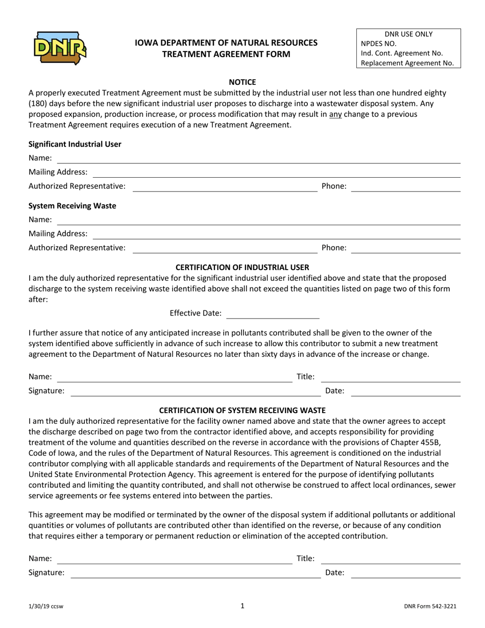 DNR Form 542-3221 Treatment Agreement Form - Iowa, Page 1