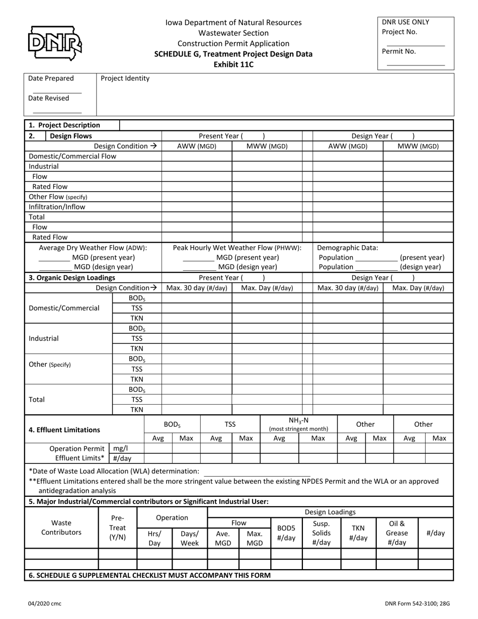 DNR Form 542-3100 Exhibit 11C Schedule G - Treatment Project Design Data - Iowa, Page 1