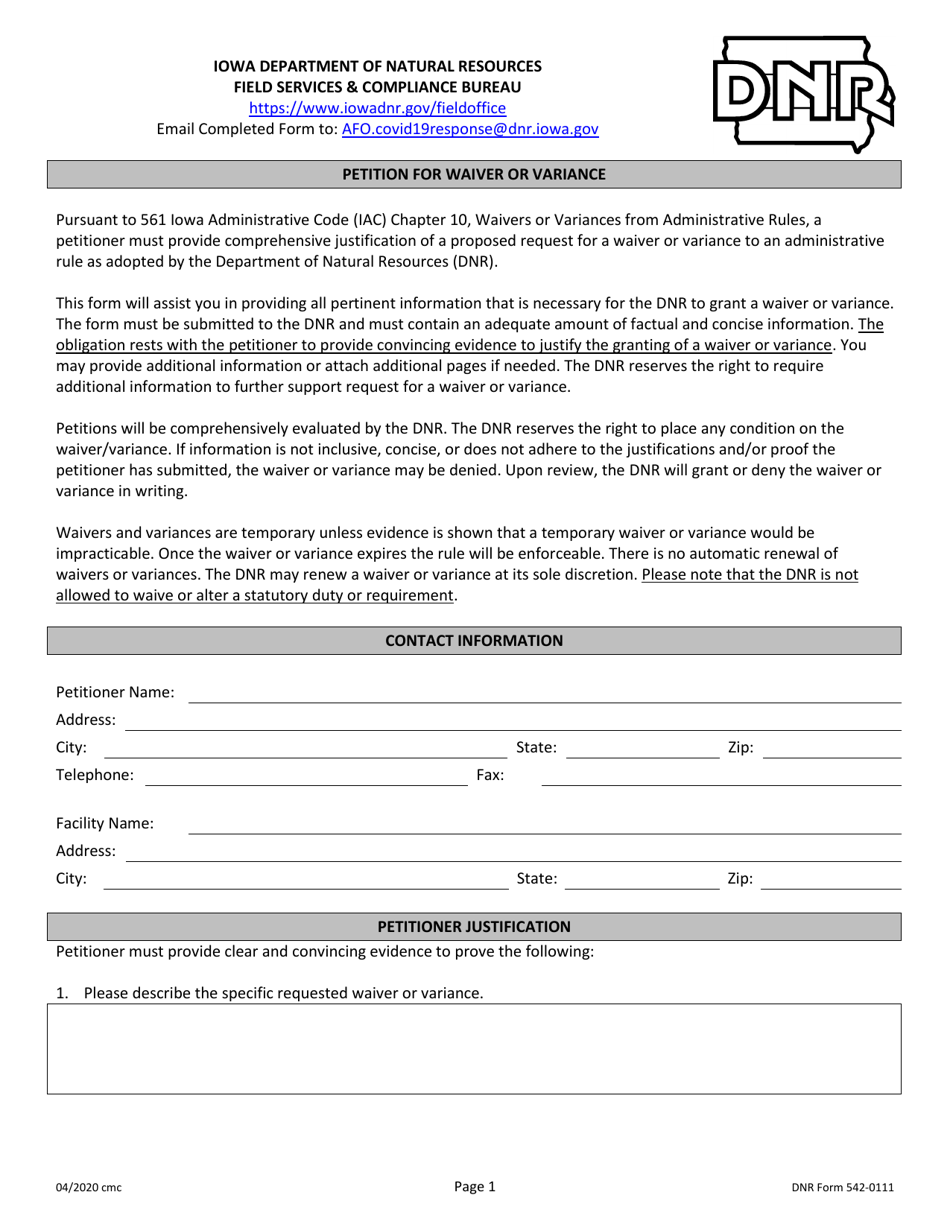 DNR Form 542-0111 Petition for Waiver or Variance - Iowa, Page 1