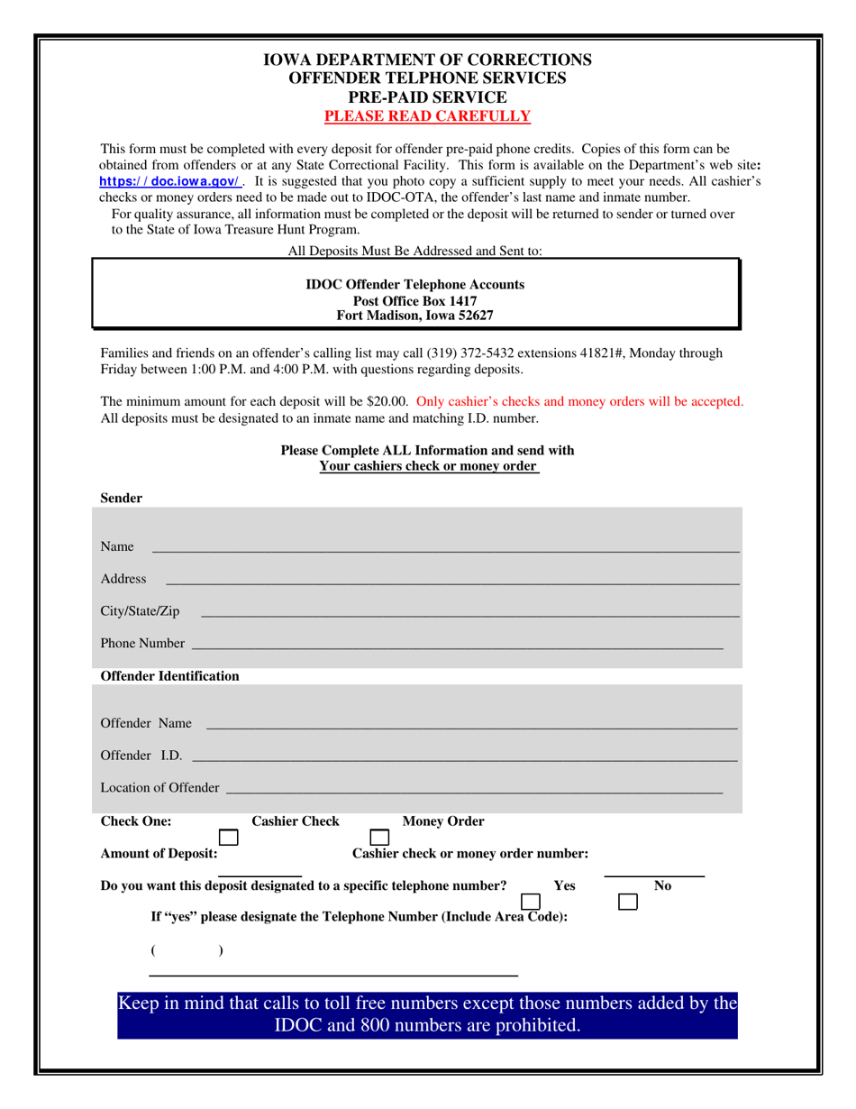 Offender Telphone Services Pre-paid Service Form - Iowa, Page 1