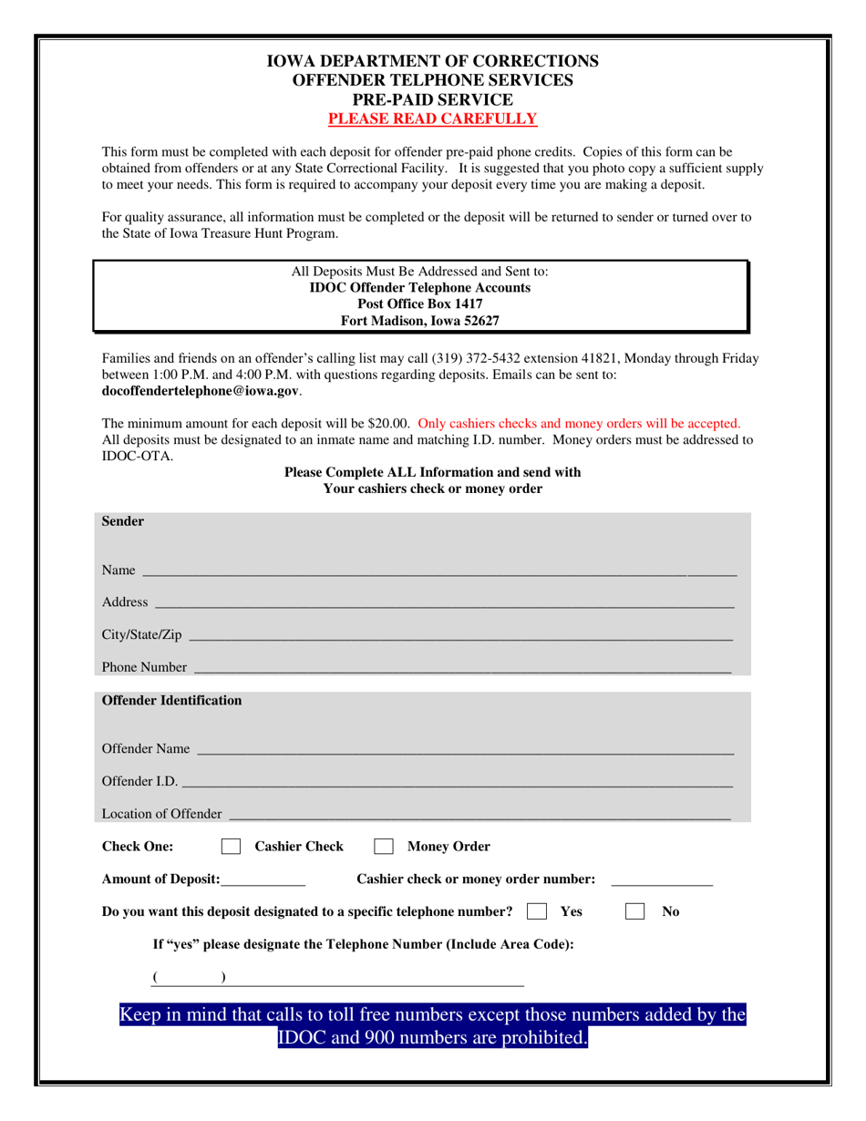 Offender Telephone Service Form - Iowa, Page 1