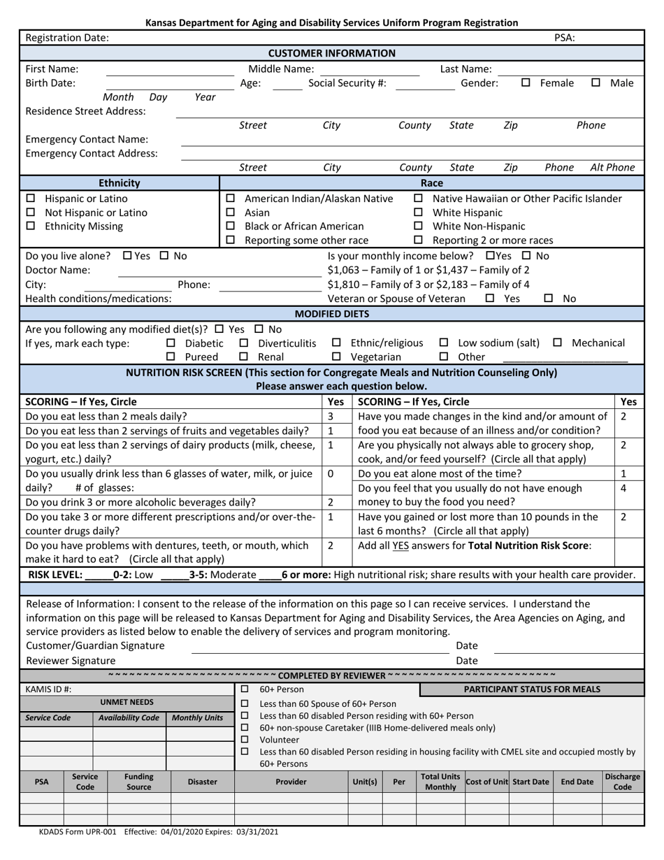 KDADS Form UPR-001 Uniform Program Registration - Kansas, Page 1