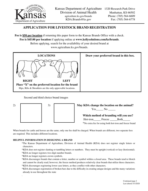 Application for Livestock Brand Registration - Kansas Download Pdf