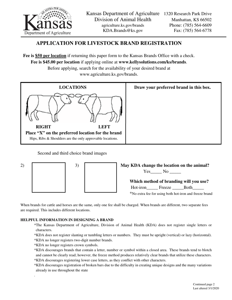 Kansas Application for Livestock Brand Registration Download Printable