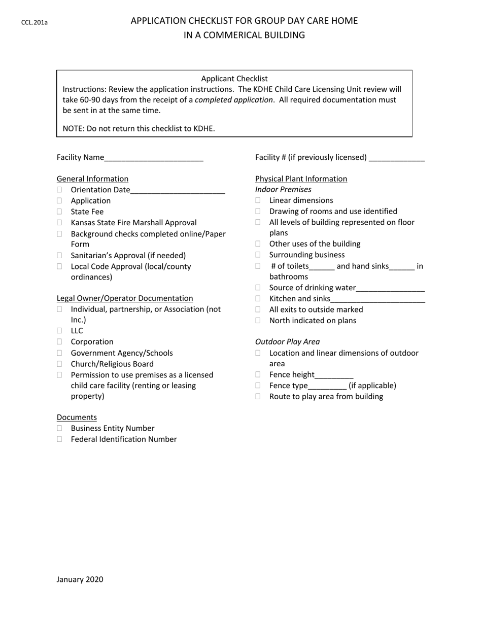 Form CCL.201A Application Checklist for Group Day Care Home in a Commerical Building - Kansas, Page 1