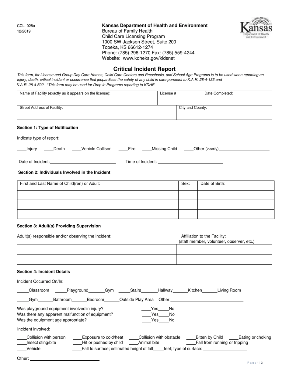 Form CCL.028A Critical Incident Report - Kansas, Page 1