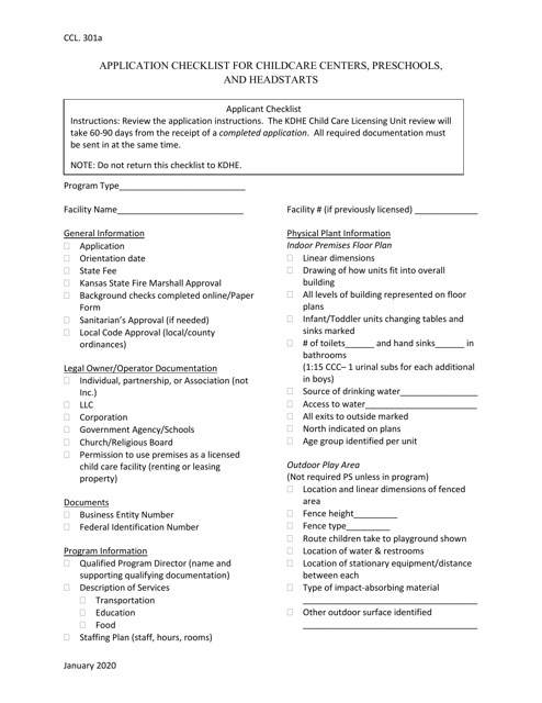 Form CCL301A Application Checklist for Childcare Centers, Preschools, and Headstarts - Kansas