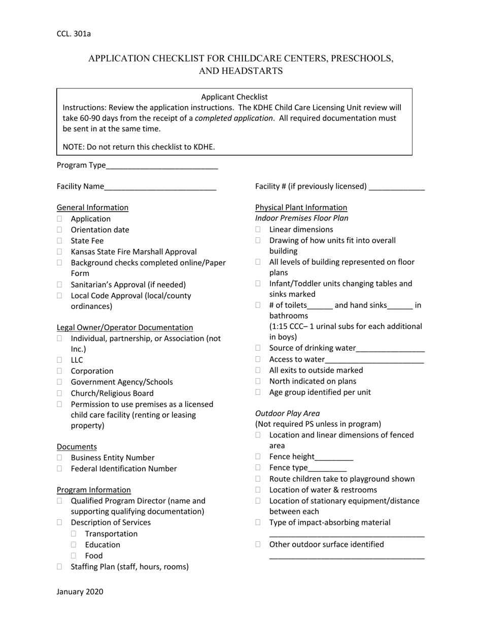 Form CCL301A Application Checklist for Childcare Centers, Preschools, and Headstarts - Kansas, Page 1