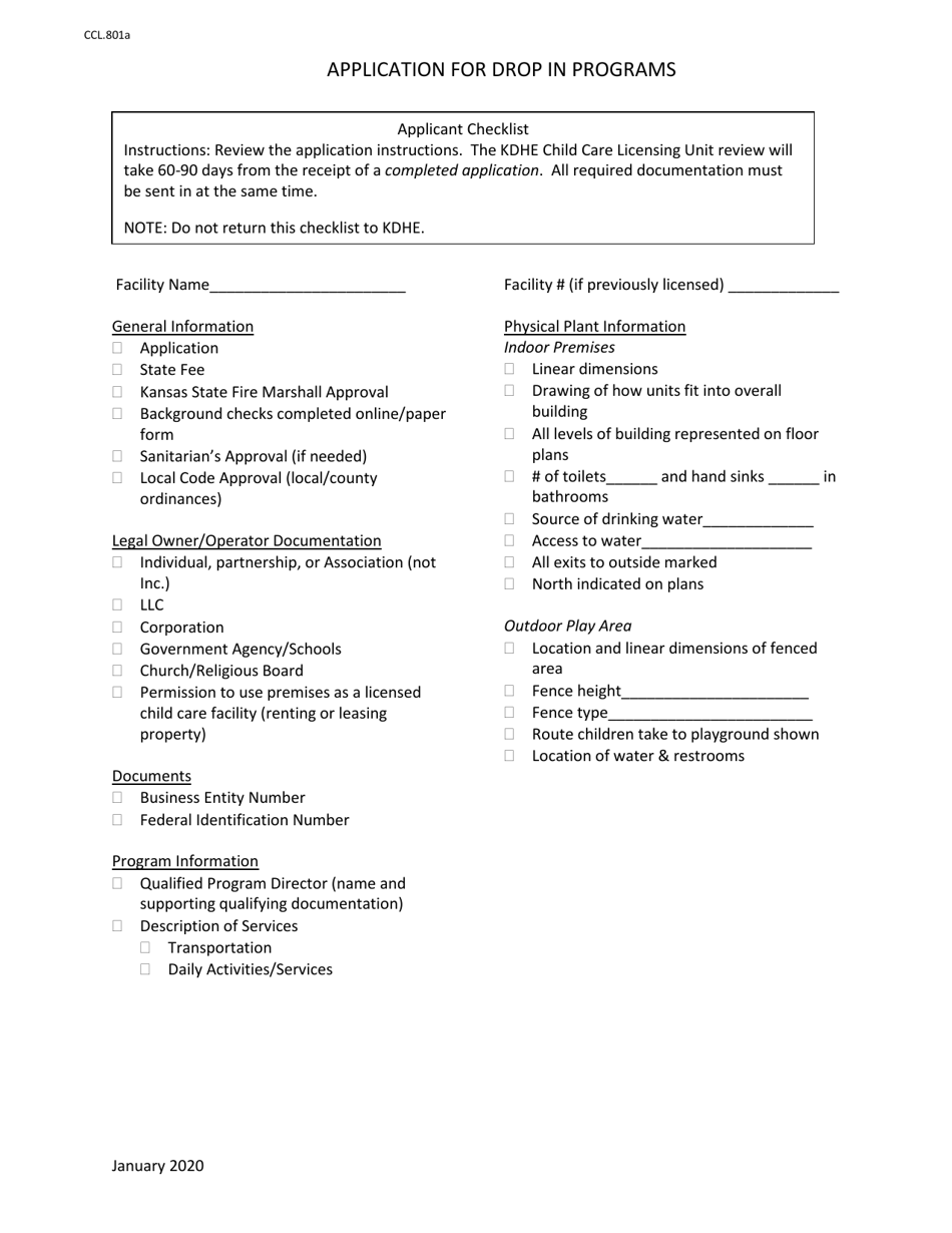 Form CCL801A Application for Drop in Programs Applicant Checklist - Kansas, Page 1