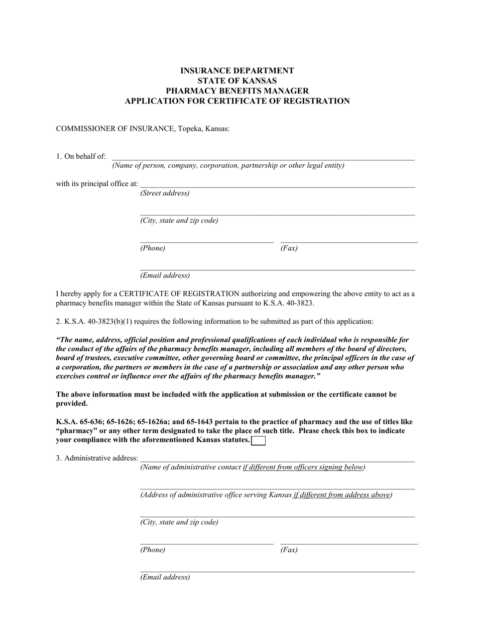 Pharmacy Benefits Manager Application for Certificate of Registration - Kansas, Page 1