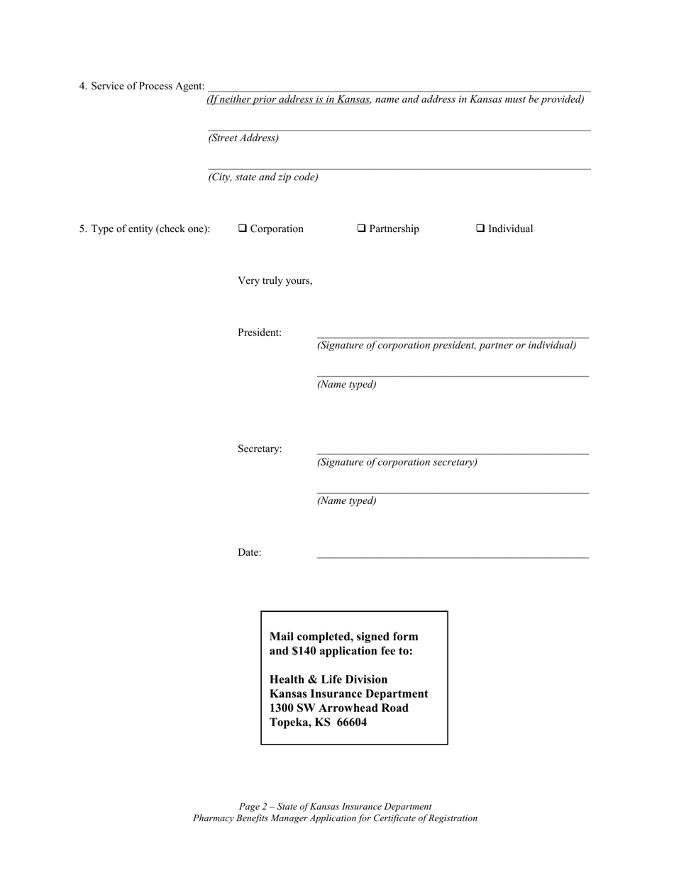 Pharmacy Benefits Manager Application for Certificate of Registration - Kansas, Page 2