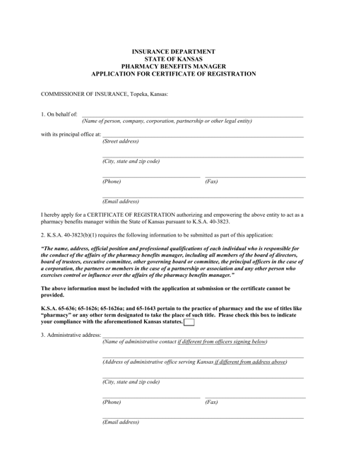 &quot;Pharmacy Benefits Manager Application for Certificate of Registration&quot; - Kansas Download Pdf