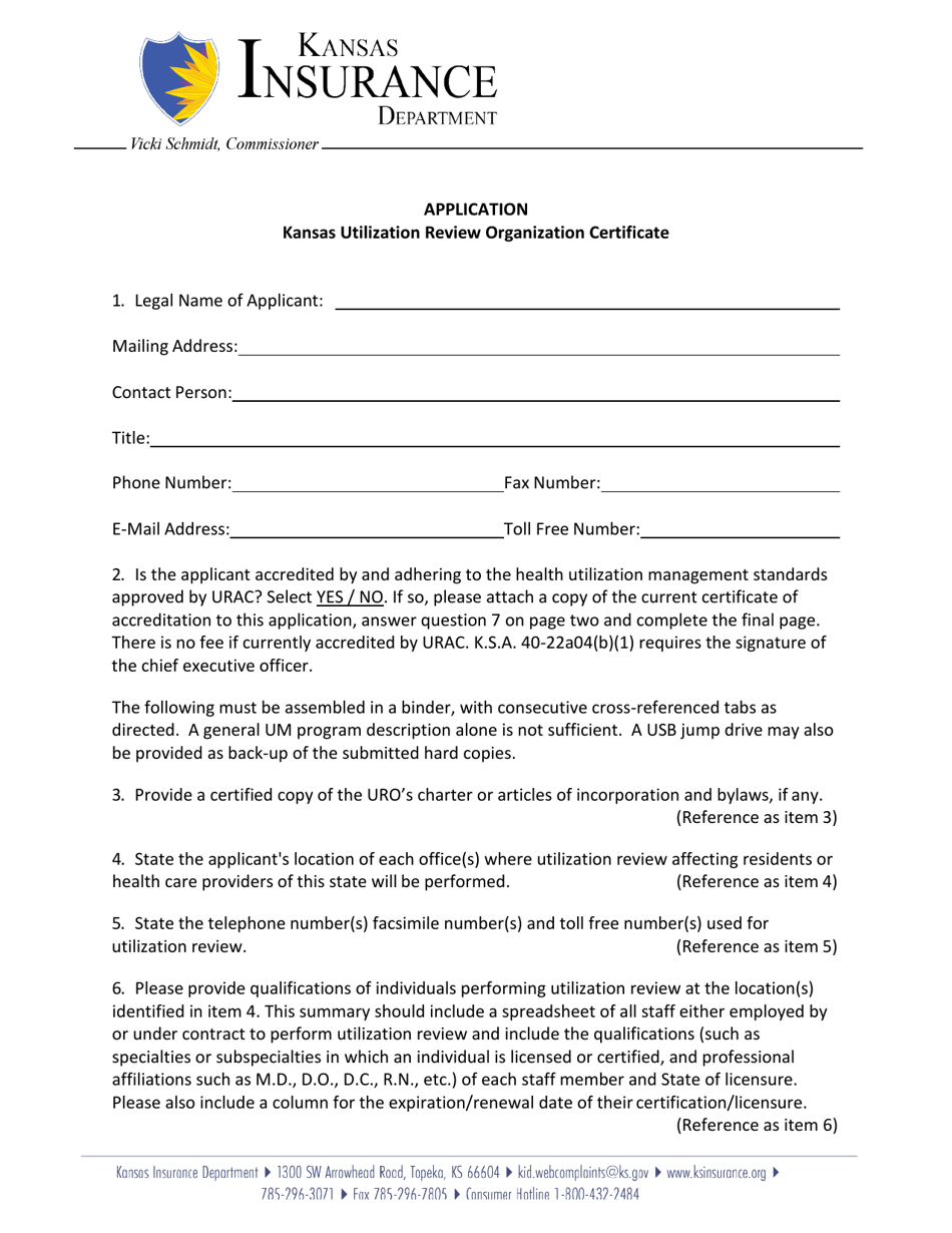 Application for Utilization Review Certificate - Kansas, Page 1