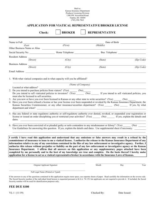 Form VL-1 Application for Viatical Representative/Broker License - Kansas