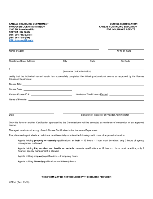 Form KCE-4 Course Certification - Kansas