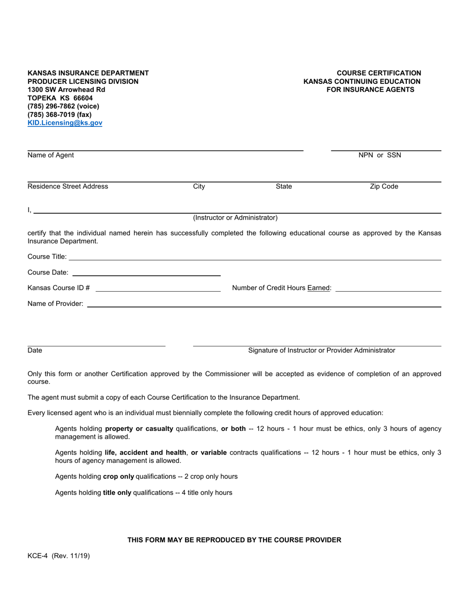 Form KCE-4 Course Certification - Kansas, Page 1