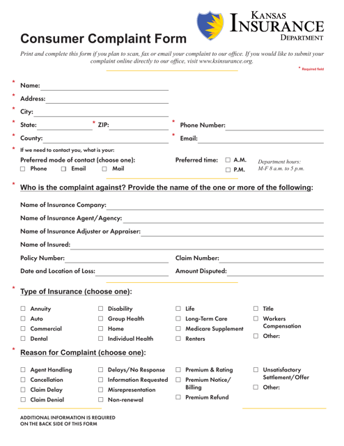 Kansas Consumer Complaint Form Download Printable PDF | Templateroller