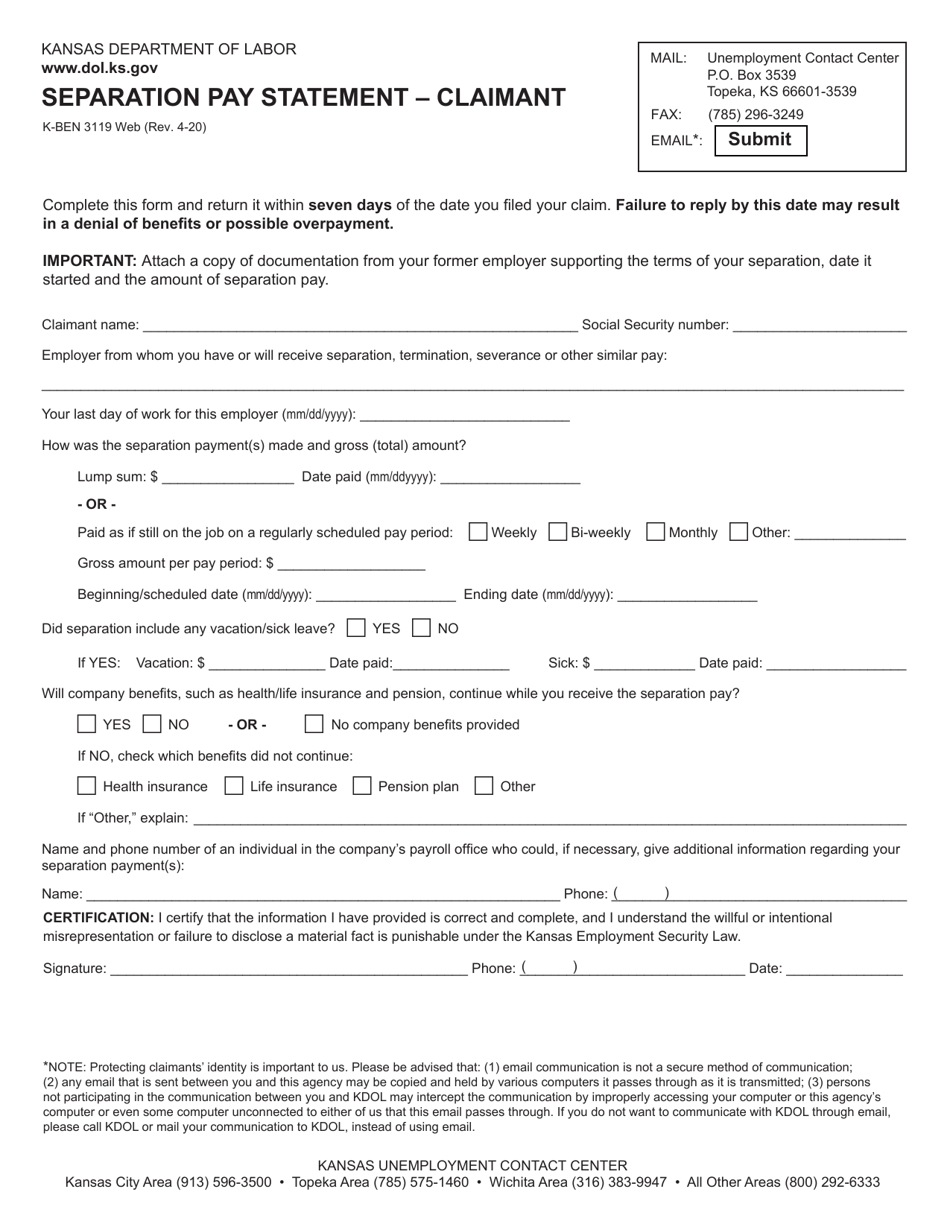 Form K-BEN3119 Separation Pay Statement - Claimant - Kansas, Page 1