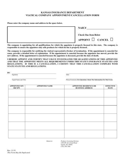 Viatical Company Appointment/Cancellation Form - Kansas