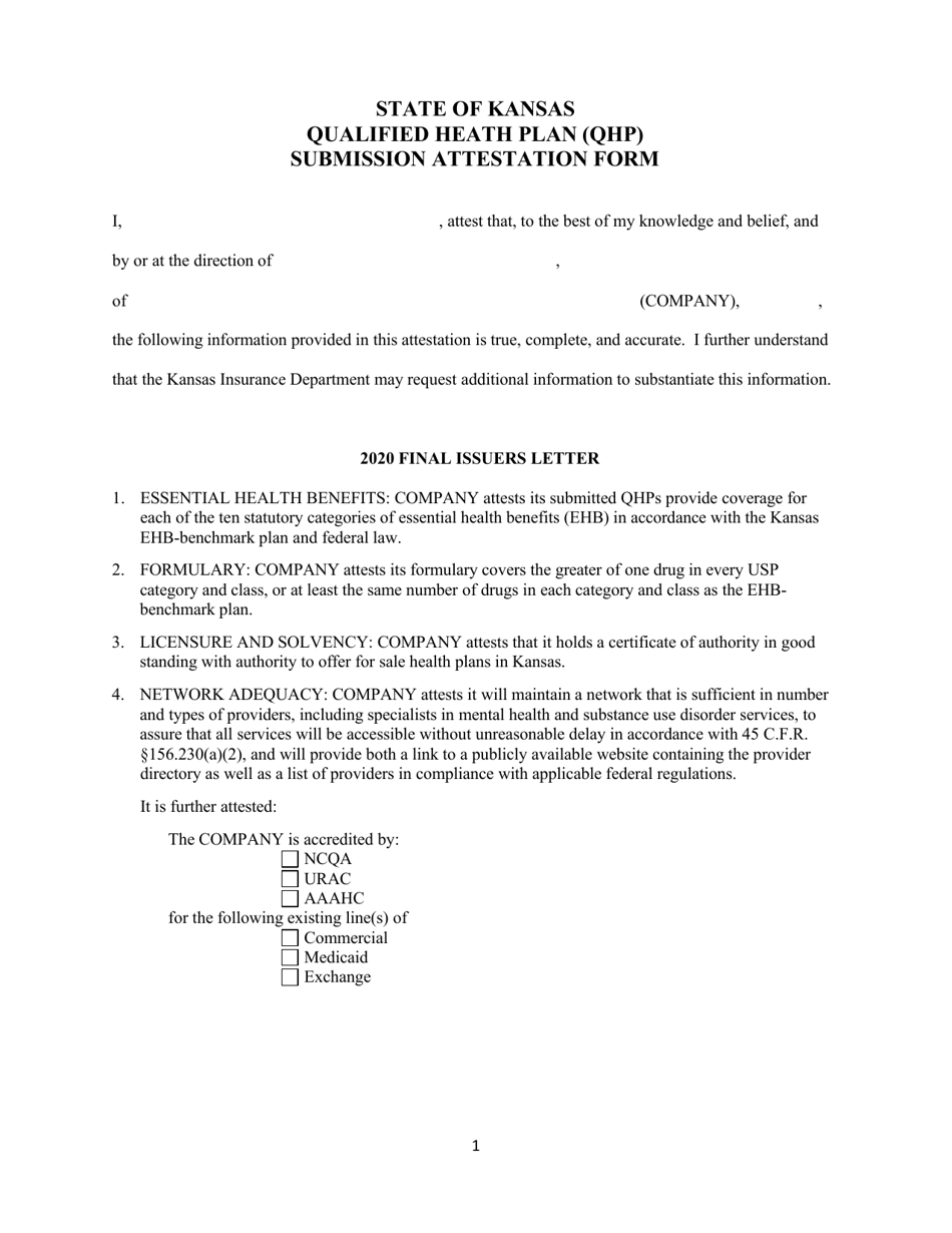 Qualified Heath Plan (Qhp) Submission Attestation Form - Kansas, Page 1