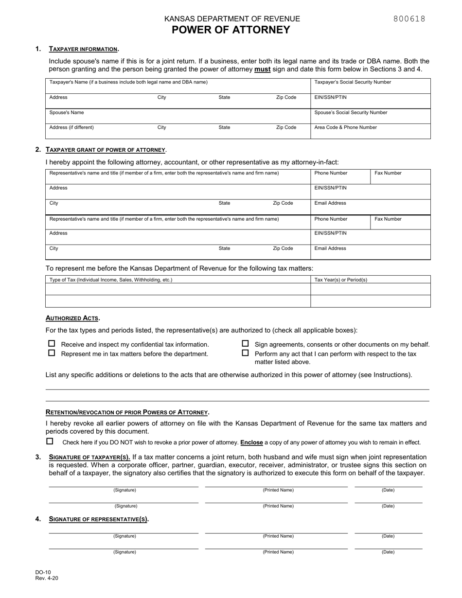 Form DO-10 Power of Attorney - Kansas, Page 1